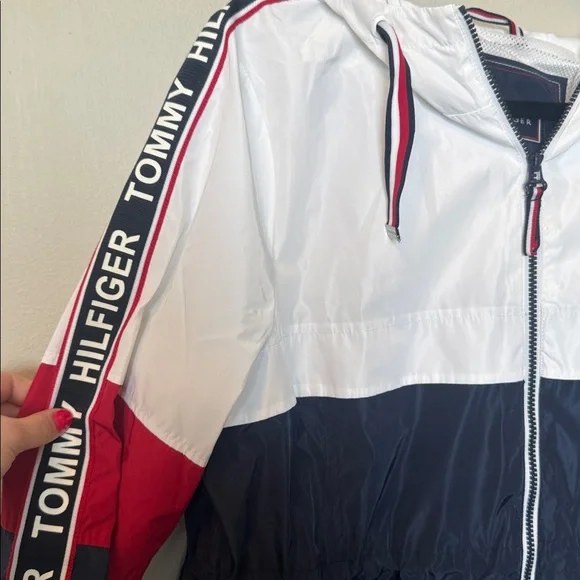 Tommy Hilfiger White, Navy & Red Colorblock Hooded Windbreaker - Picture 3 of 7